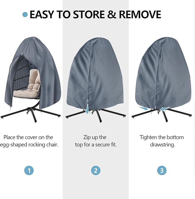 【Upgraded】RICHIE 90”x78” Patio Egg Chair Covers Waterproof & UV Resistant, Heavy-Duty Zippered Cover for Outdoor Egg Swing Chairs, Hanging Chairs, All-Weather Protection for Garden, Balcony - Gray