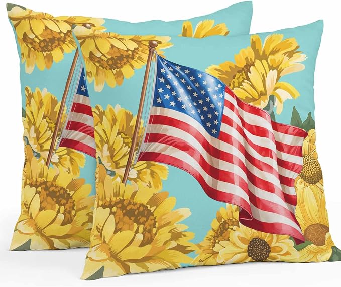 4th of July Outdoor Pillow Covers Waterproof, All Weather Cushion Case Set of 2, Watercolor Sunflowers American Flag Teal Decorative Pillowcases for Sofa Couch Bed Decor Patio Furniture 18"x18"