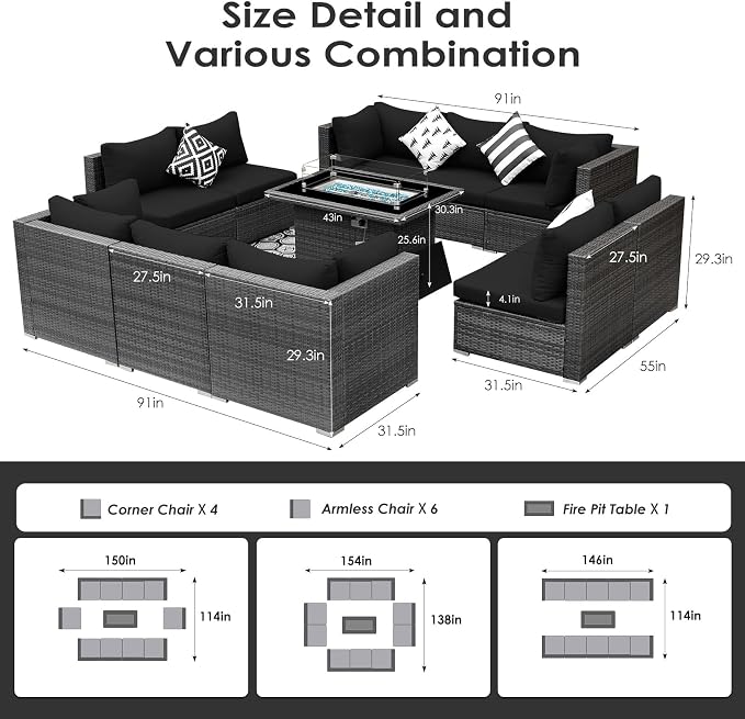 BULEXYARD 11 Piece High Back Outdoor Patio Set with Firepit, Extra Large Backyard Furniture Sectional Couch 10-Seater Modular, XL Big Wide Deep Outside Seating Area for Exterior, Grey & Black