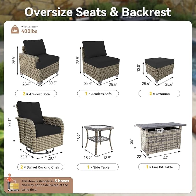 LazySunsets Luxury Patio Furniture Set with Fire Pit Table，All-Weather Patio Sectional Sofas with Thickened Cushions, 9 Piece Outdoor Furniture Sectional Set with Swivel Rocker Chairs of 2，Black