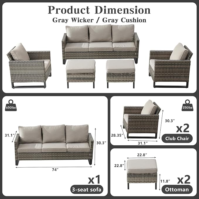 Belord Wicker Patio Furniture 5 Piece Outdoor Sofa Set, Oversize Outdoor Dining Chairs with Rattan Ottomans, Conversation Sets Patio Furniture Come with Removable Washable Cushion Grey