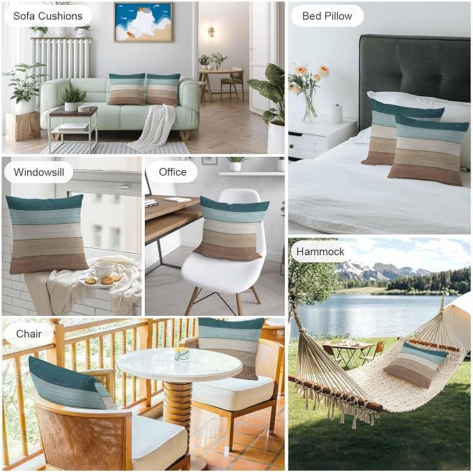 Vandarllin Outdoor Throw Pillow Covers 24X24 Set of 2 Waterproof Teal Blue Brown Decorative Zippered Cushion Covers for Patio Furniture, Farmhouse Retro Rustic Barn Wood Texture Lumbar Pillowcases