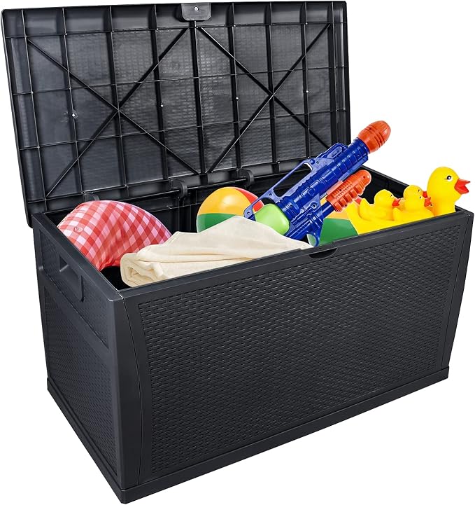 Spaco 113gal120gal Outdoor Garden Plastic Storage Deck Box Outdoor Patio Garden Furniture Lockable Seat Waterproof for Indoor, Outdoor, Garden, Courtyard (Black, 120gal)