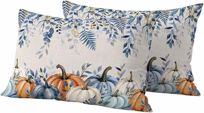 Orange Blue Fall Waterproof Outdoor Pillow Covers 20''x12'' Set of 2, Thanksgiving Eucalyptus Berry Leaves Patio Cushion Covers for Chairs, Decorative Pumpkin Beige Pillow Cases for Garden/Pool/Beach