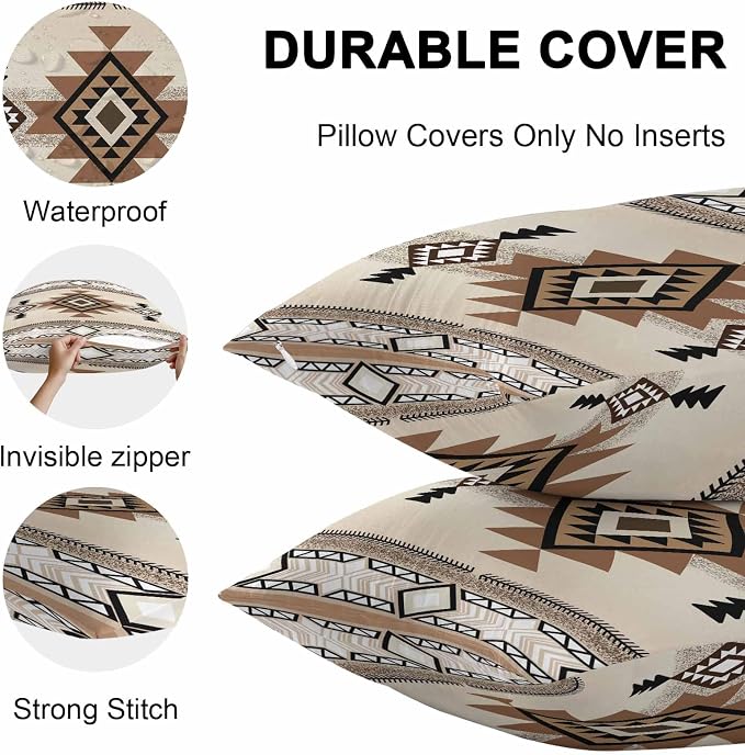 Outdoor Waterproof Throw Pillow Covers Set of 2 Brown Aztec Pillowcases 16x16 Inches Western Tribal Boho Pattern Decorative Pillows Cushion Case Patio Pillows for Couch Bed Chair Garden