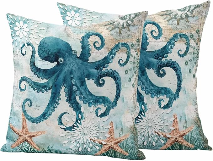 Ocean Creature Outdoor Waterproof Throw Pillow Covers Set of 2, 18"x18", Eight Pawfish Corals Sea Stars Decorative Pillow Covers Outside Cushion Case for Patio Porch Garden