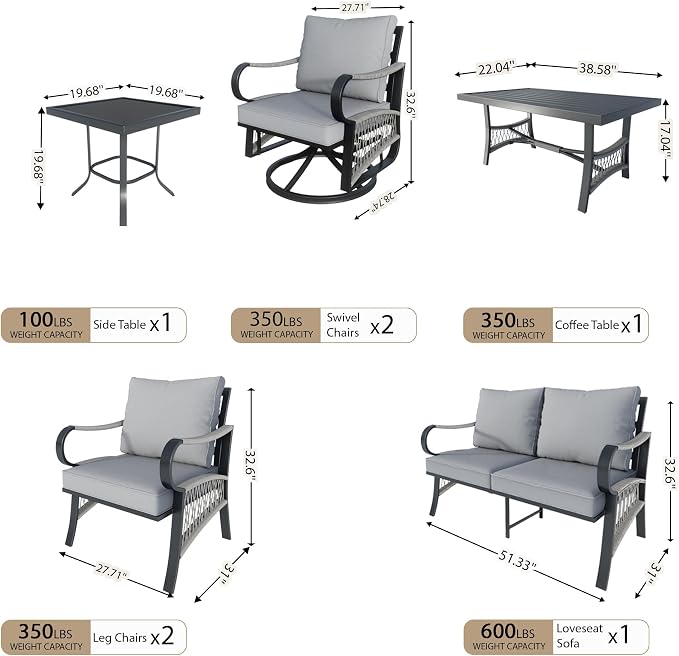 7 Pieces Patio Conversation Sets, All Weather Metal Outdoor Furniture Set Includes 2 Swivel Rockers with Side Table and Loveseat with Coffee Table 2 Single Chairs for Backyard Garden Deck Porch, Gray