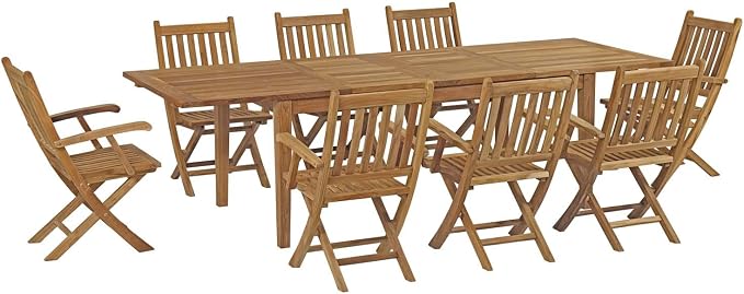 Modway EEI-3281-NAT-SET Marina Premium Grade A Teak Wood 9-Piece Outdoor Patio Dining Furniture Set, Eight Armchair/One Table, Natural