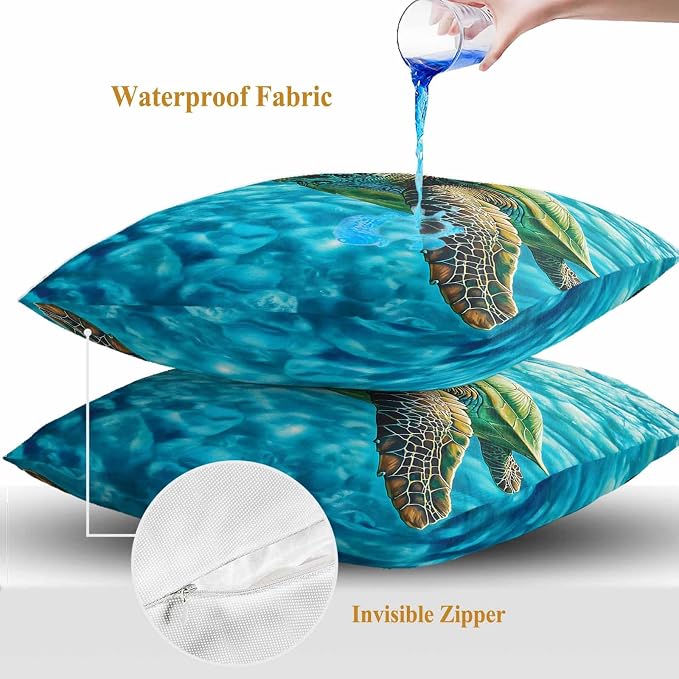 Swimming Sea Turtle Outdoor Waterproof Throw Pillow Covers Set of 2, 18"x18", Sea Water Retro Decorative Pillow Covers Outside Cushion Case for Patio Porch Garden