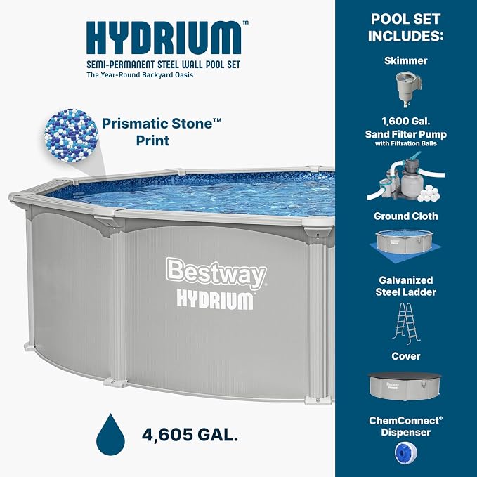 Bestway Hydrium 15' x 48" Above Ground Pool, Round Steel Side Wall Frame Outdoor Swimming Pool Set with Sand Filter Pump, Polysphere Filtration Balls, Ladder & Accessories