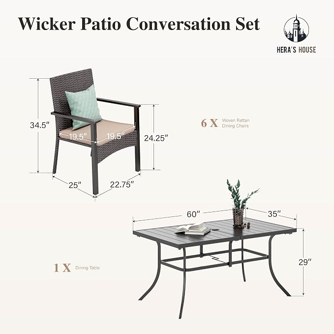HERA'S HOUSE 7 Pieces Patio Dining Set for 6, Outdoor PE Rattan Chairs and Black Metal Table with 1.57" Umbrella Hole, Outdoor Patio Set for Deck, Balcony, Backyard, Garden