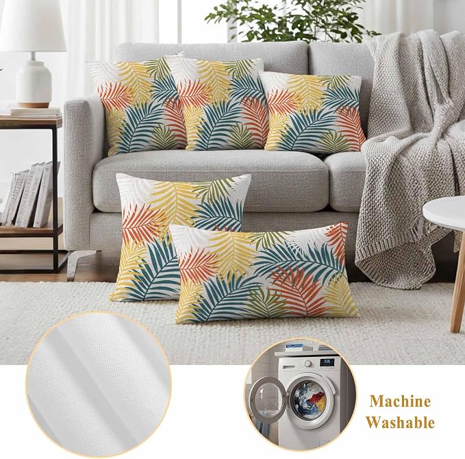 Outdoor Waterproof Throw Pillow Covers, Orange Green Yellow Palm Leaves Decorative Pillow Cases, Summer Botanical Tropical Leaf Couch Pillow Protector Patio Sofa Cushion Covers 20"x20" 2 Pack