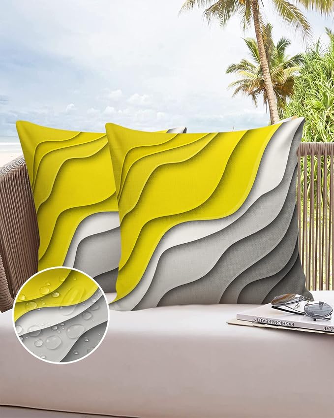 Modern Geometric Outdoor Waterproof Pillow Covers for Patio Furniture Yellow Decorative Throw Pillow Cover Abstract Beach Pillowcases Set of 2 Cushion Case for Sofa Couch Chair Home Decor 26 x 26 Inch