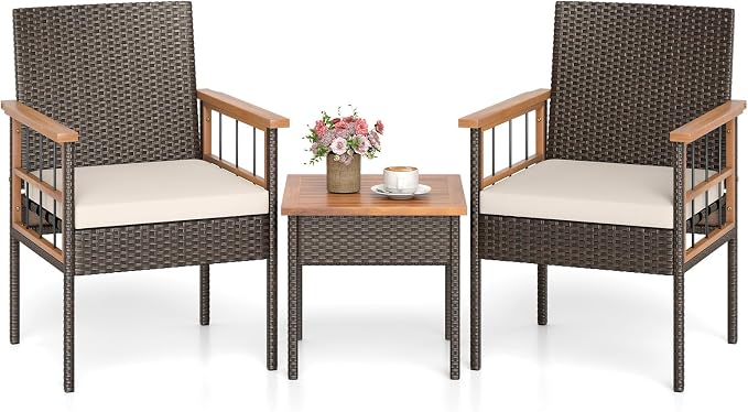HAPPYGRILL 3 Piece Patio Conversation Set, Outdoor Wicker Furniture Set with Acacia Wood Coffee Table, 2 Rattan Chairs & Cushions, Patio Bistro Set for Porch, Garden, Backyard, Poolside