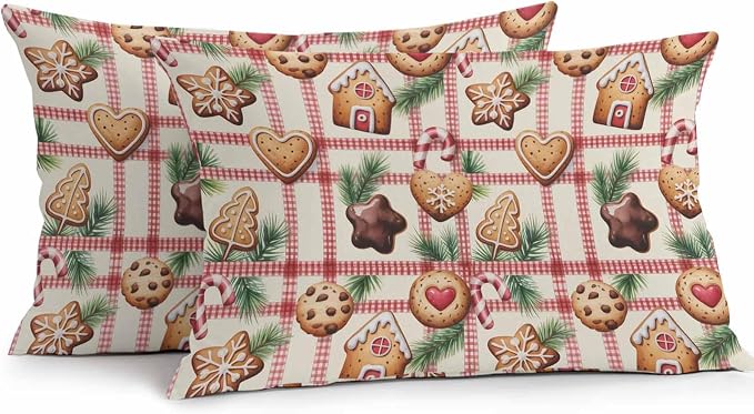 Outdoor Waterproof Throw Pillow Covers, Christmas Cartoon Gingerbread Man Plaid Candy Canes Pine Leaves House Pillowcases Cushion Covers Cases for Patio Couch Bench, Pack of 2 Rectangle, 20X12 Inch
