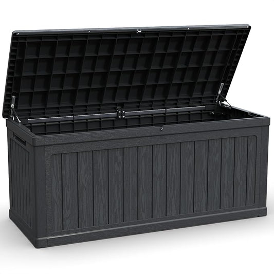 XXL Deck Box Outdoor Storage, Large Waterproof Resin Deck Boxes with Double-Wall Construction, Lockable Patio Storage for Furniture Cushions Garden Tools Pool Supplies, Black (260 Gallon)
