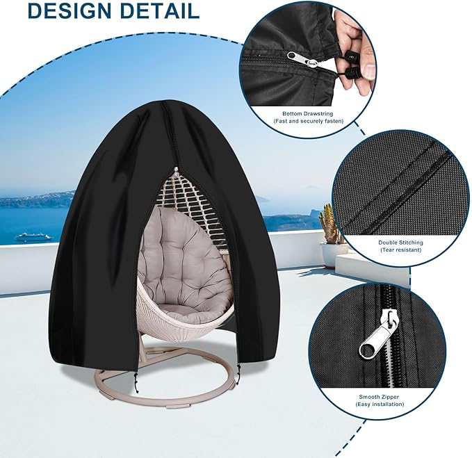 RICHIE Upgraded 75”x45” Patio Egg Chair Covers Waterproof & UV Resistant, Heavy-Duty Zippered Cover for Outdoor Egg Swing Chairs, Hanging Chairs, All-Weather Protection for Garden, Balcony, Black
