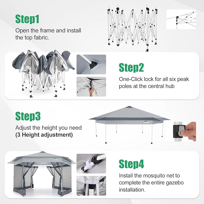 COBIZI 16x16 Pop Up Gazebo Tent with Mosquito Netting, Gazebos on Clearance, Hexagonal Outdoor Canopy Shelter, Patented Center Lock 6-Sided Portable Gazebos, Pop Up Canopy Tent for Backyard, White
