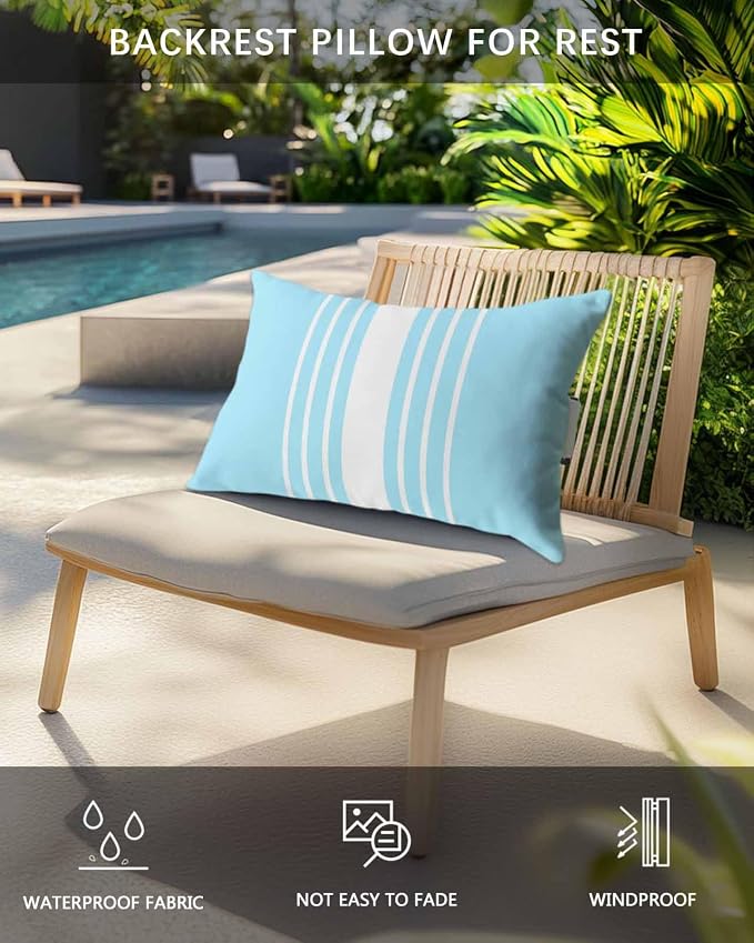 Chaise Lounge Chair Pillow with Strap & Insert Sky Blue Vertical Stripes Outdoor Recliner Head Pillow Pack of 2 Classic Striped Waterproof Headrest Patio Lumbar Pillow for Beach Office Chair 12x20