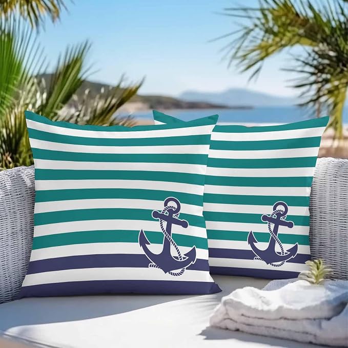 Throw Pillow Covers 18x18 Inch Set of 2, Anchor Teal Waterproof Outdoor Cushion Covers, Modern Navy Blue White Striped Nautical Decorative Pillowcases for Couch, Sofa, Bed, Garden, Patio