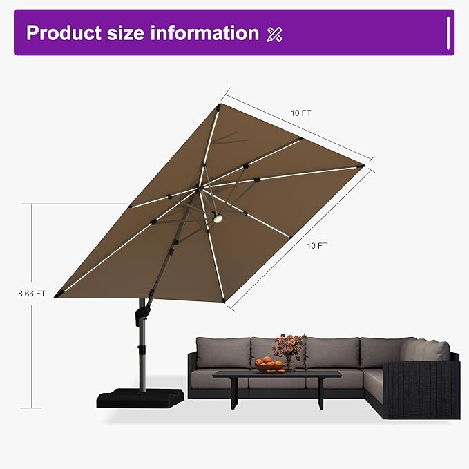 PURPLE LEAF Patio Umbrella with base 10 Feet Outdoor Square Cantilever Umbrella Solar Powered LED with 360-degree Rotation for Garden Deck Pool Patio, Beige