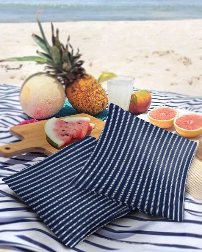 Outdoor Waterproof Throw Pillow Covers Set of 2 Navy Blue Stripe Pillowcases 20x20 Inches Vertical Striped Patio Decorative Pillows Cushion Case Patio Pillows for Couch Bed Chair Garden