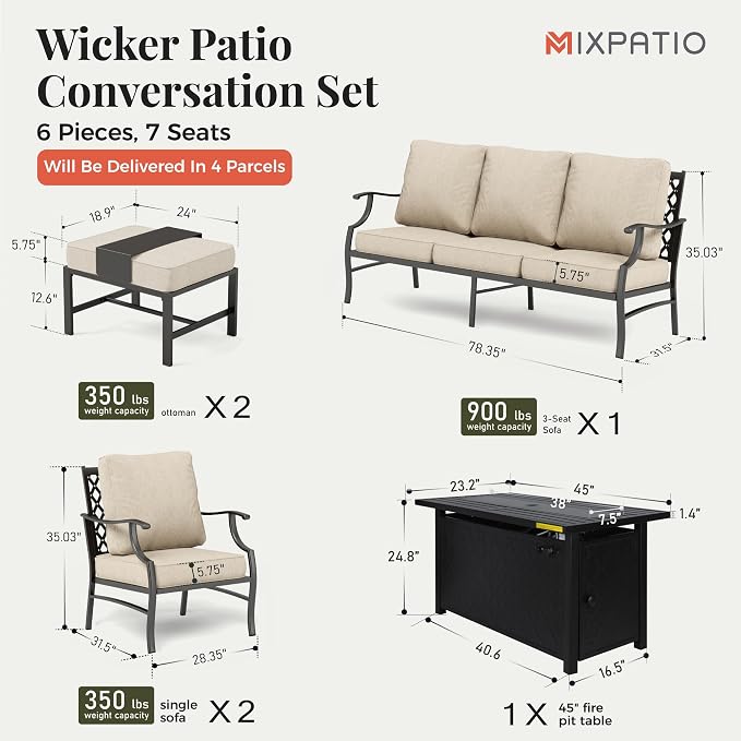 MIXPATIO Patio Furniture Set, 6 Pcs Metal Outdoor Conversation Set, 2 Single Chairs, 2 Ottomans and 3 Seater Sofa with 5.75" Extra Thick Cushion and Gas Fire Pit Table, Beige
