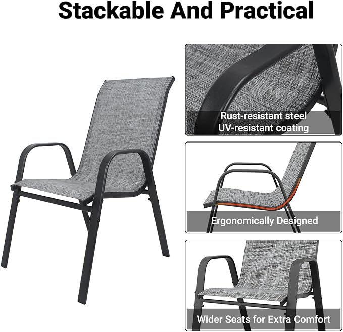 5 Piece Patio Dining Set, Stackable Outdoor Chairs Set of 4 with Textilene Fabric, 37.8" Wood-Grain Square Table with Umbrella Hole for Backyard Lawn Party (1 Table + 4 Chairs) (Grey)