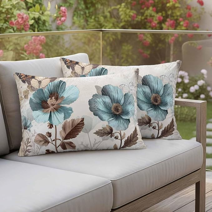 Teal Blue Floral Waterproof Outdoor Pillow Covers 20''x12'' Set of 2, Vintage Brown Flowers Butterfly Plant Patio Furniture Cushion Covers for Chairs, Decorative Pillow Cases for Garden/Pool/Beach