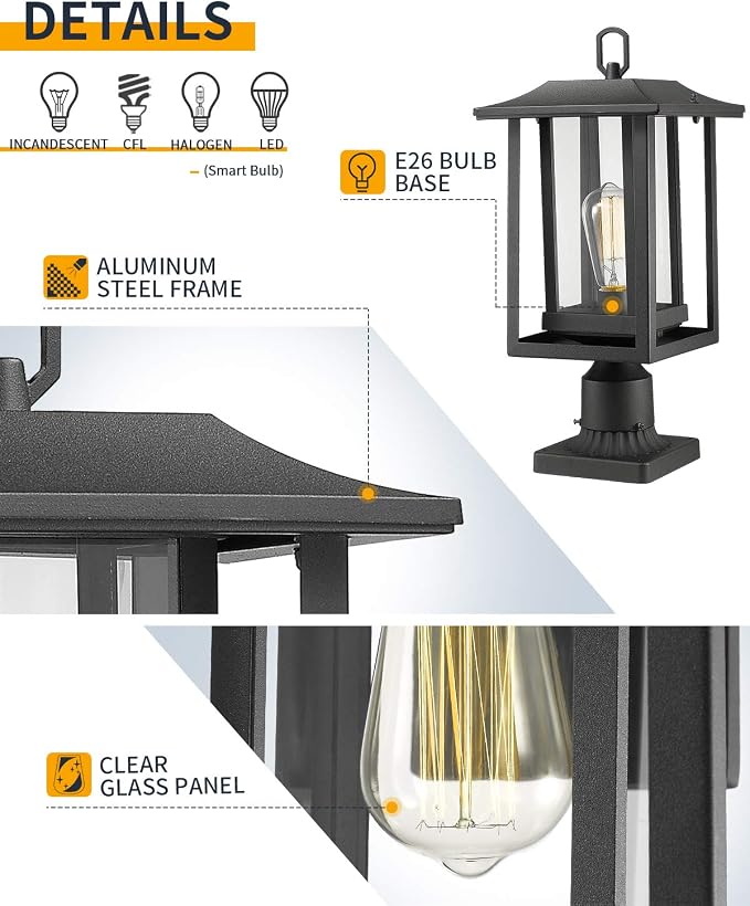 Beionxii Outdoor Post Light, Large Exterior Lamp Post Light Pier Mount Lantern with Base, Black Cast Aluminum w/Clear Glass (19" x 9") - A197P-1PK