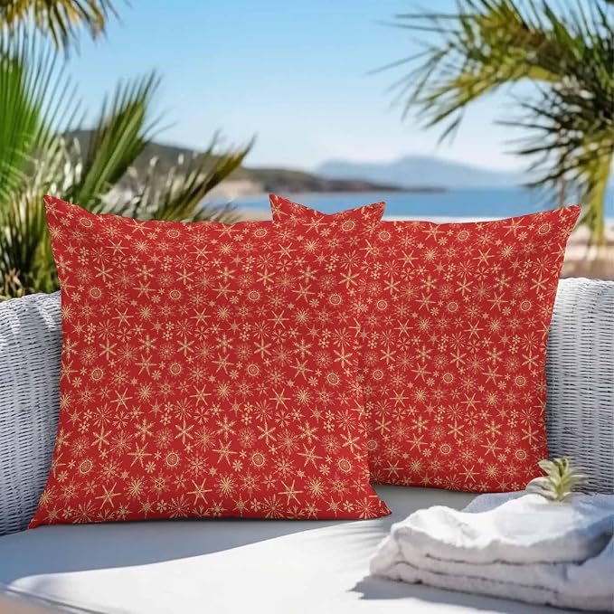 Red Christmas Outdoor Pillow Cover 24x24 Inch Cushion Sham Case, Farmhouse Gold Snowflakes Winter Xmas Waterproof Decorative Square Throw Pillowcase for Outside Garden Patio Porch Couch Chair Tent