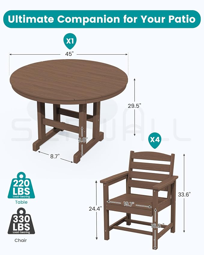 SERWALL 6-Piece Patio Dining Sets, HDPE Outdoor Table and Chairs Furniture Set with Umbrella, 45" Round Dining Table & 4 Dining Chairs & 1 9FT Umbrella, Brown(Not Include Umbrella Base)