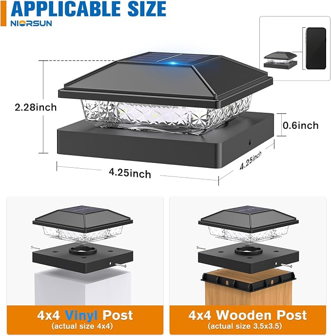Solar Post Cap Lights,4x4 Post Solar Lights Cool White,Black 8 Pack | Fence Post Solar Lights for 4x4 Post Caps Wood Vinyl, IP64 Waterproof Solar Post Lights Outdoor, Solar Deck Post Lights