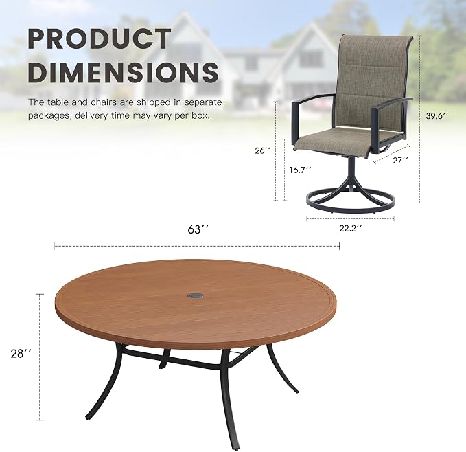 Outdoor Dining Set for 8, 63" Outdoor Dining Table with Umbrella Hole and Padded Textilene Patio Swivel Chairs, 9 Pieces Patio Table and Chairs Set for Garden Backyard, Mixed Brown and Walnut