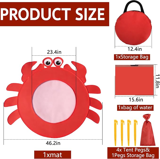 RunNico Pop Up Beach Pool, Portable Toddler Beach Pit with Water Bag and Storage Bag, Cute Shape Beach Pool Puddle for Outdoor Summer Beach Camping Traveling Vacation (Crab)