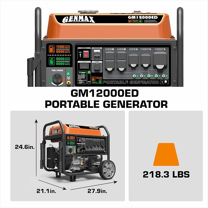GENMAX Dual Fuel Portable Generator，GM12000ED Gas or Propane Powered Electric Start-Home Back Up, EPA Compliant
