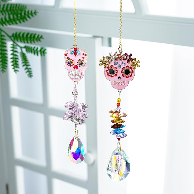 2 Pcs Skull Rhinestone Crystal Pendant Chandelier Suncatcher Hanging Decor | Crystal Bead Chain Suncatcher with Skull Rhinestone Pendant for Chandelier Window Wedding Party Decor Accent