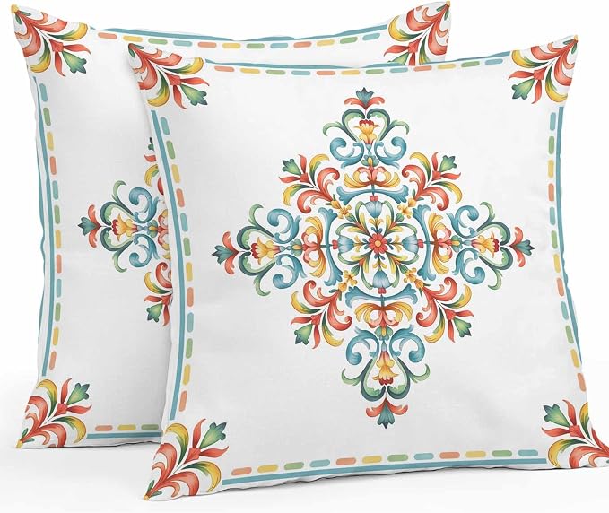 Geometric Flowers Outdoor Pillow Covers 16x16 Inch Throw Pillow Covers Set of 2 Waterproof Decorative Pillow Cases Modern Abstract Colorful Floral Cushion Covers for Patio Furniture Garden Couch Sofa