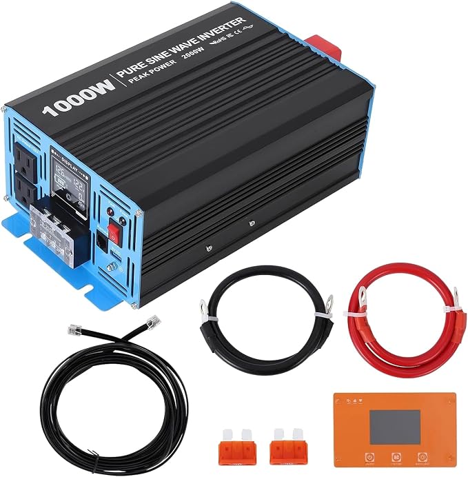 Power Inverter 1000 Watt Pure Sine Wave 12v DC to 110v/120v AC 2000 w Peak Converter for Family RV Off Grid Solar System with 2 AC Outlets LCD Display Remote Control and 2.1a USB Charging Port