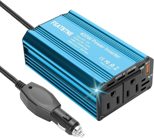 400W Power Inverter, FSATBTNE DC 12V to 110V AC Car Plug Adapter Outlet Converter with [65W PD USB-C] & [18W QC USB-A] Fast Charging Ports and 2 AC Outlets Car Power Inverters for Vehicles