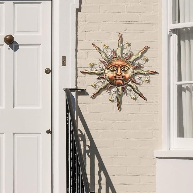 TERESA'S COLLECTIONS Sun Metal Wall Art for Outdoor Decor,25" Bronze Sun Face 3D Wall Decor for Garden Decor,Rustic Retro Hanging Sculpture for Outside Living Room Home Patio Farmhouse Gifts for Mom