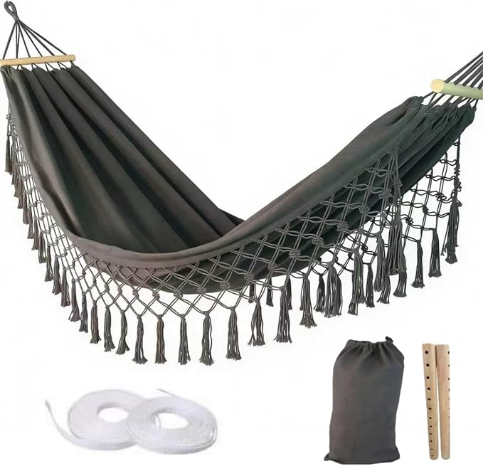 Bohemian Canvas Hammock with Tassels, Brown, 79"x39" | Soft Breathable Cotton Canvas Hammock,79x39in,2 Hanging Straps Wooden Bar;3 colors,compact for students renters dorm balcony
