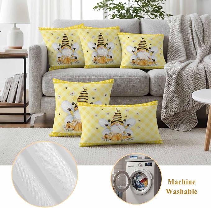 Yukro Honey Gnome Outdoor Waterproof Pillow Covers Pack of 2, Watercolor Honey Bees Floral Yellow Plaid Decorative Throw Pillowcases Cushion Covers for Garden Patio Tent Sofa Couch, 20x20 inch