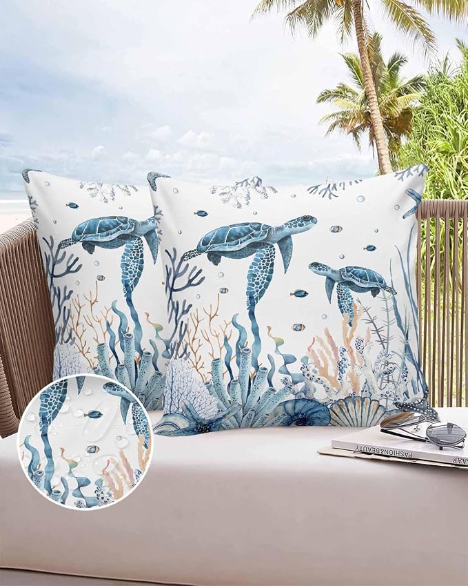 Outdoor Pillow Covers 24 x 24 in, Blue Sea Turtle Waterproof Throw Pillow Cover Set of 2, Ocean Beach Coral Nautical Coastal Shell Home Decorative Square Cushion Covers for Patio/Couch/Garden