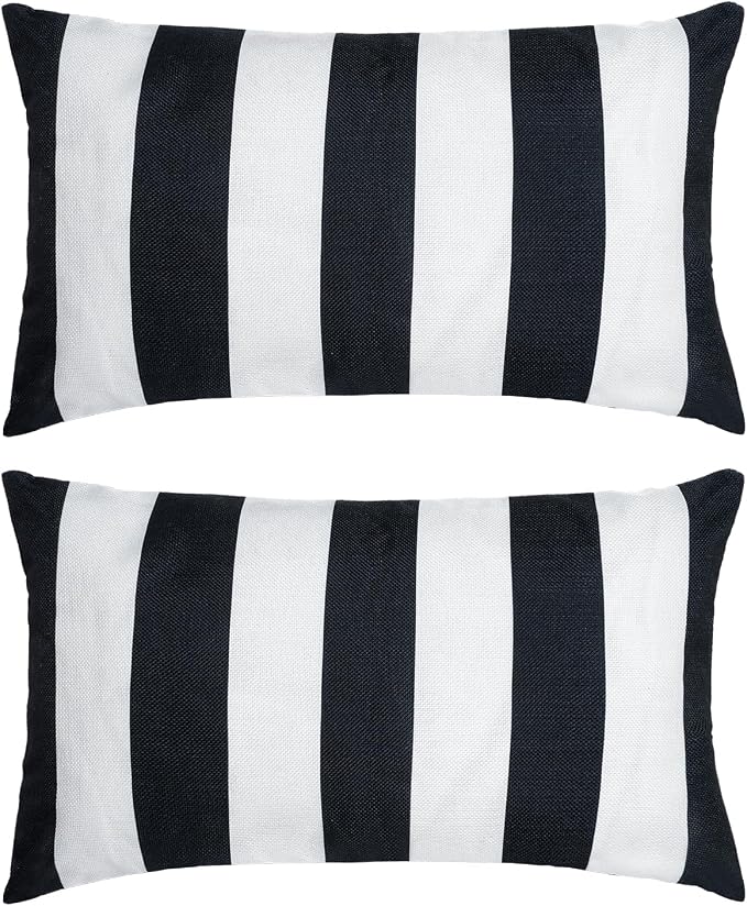 2 Pack Waterproof Pillow Covers Outdoor Throw Pillowcases Decorative Garden Cushion Case for Home Garden Patio Couch Balcony Striped (Black & White, 12 * 20 inch)