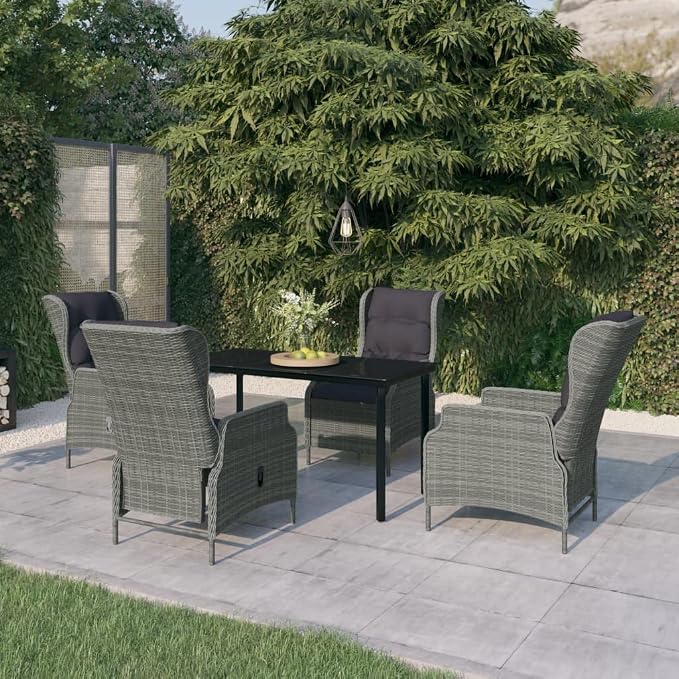 5 Piece Patio Dining Set Light Gray with Reclining Rattan Chairs and Cushions Outdoor Table and 4 Chairs for Garden Backyard Poolside Relaxation