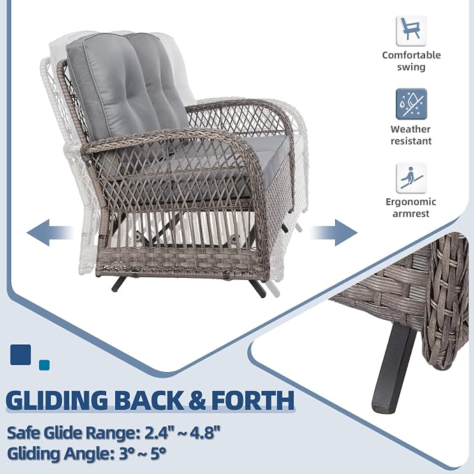 2 Piece Outdoor Wicker Gliding Loveseat Set, Patio Conversation Furniture Sets with 2-Seater Glider Rocking Bench, Glass-Top Coffee Table and Cushions for Porch Garden Poolside, Gray
