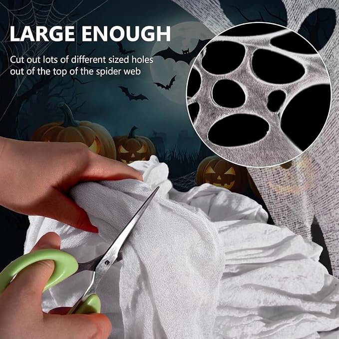 1200 Sqft （After Streched with Holes） Uncut Giant Spider Web Halloween Decorations Outdoor with 10 Ground Nails Stretchy Beef Cloth Netting Cut-Your-Own Flexible Elastic for Yard Party Decor
