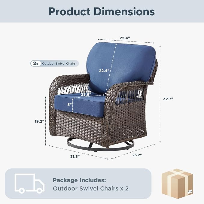 Belord Patio Chairs Set of 2, Wicker Swivel Rocker Outdoor Chairs for Deck Porch Garden, 2 Piece Luxury Patio Furniture Set,Blue