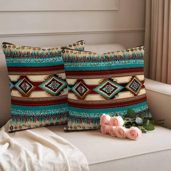 Boho Ethic Outdoor Pillow Covers 18"x18" Set of 2, Western Aztec Tribal Teal Brown Diamond Stripes Waterproof Throw Pillow Covers for Patio Furniture, Decorative Cushion Covers for Porch